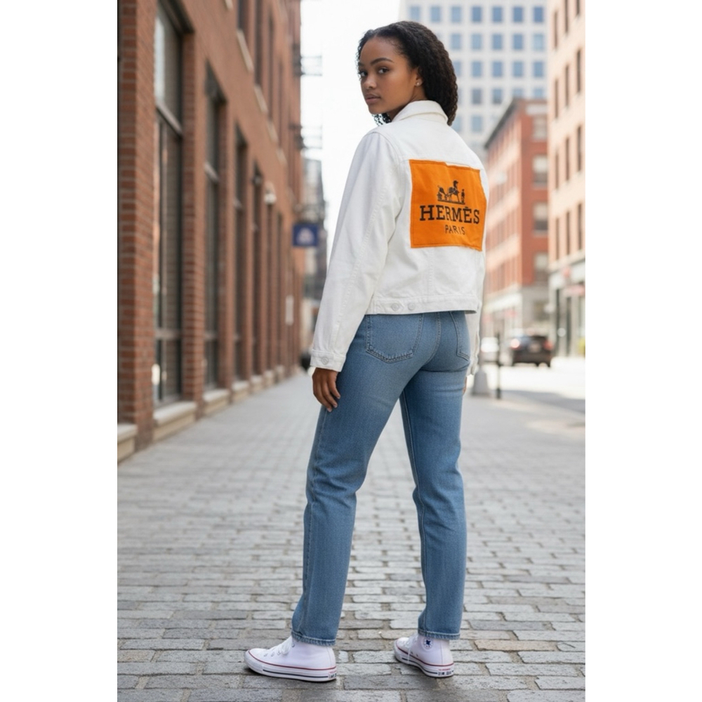 Women's eye of the needle White Jean Jacket with Orange Hermes Patch S